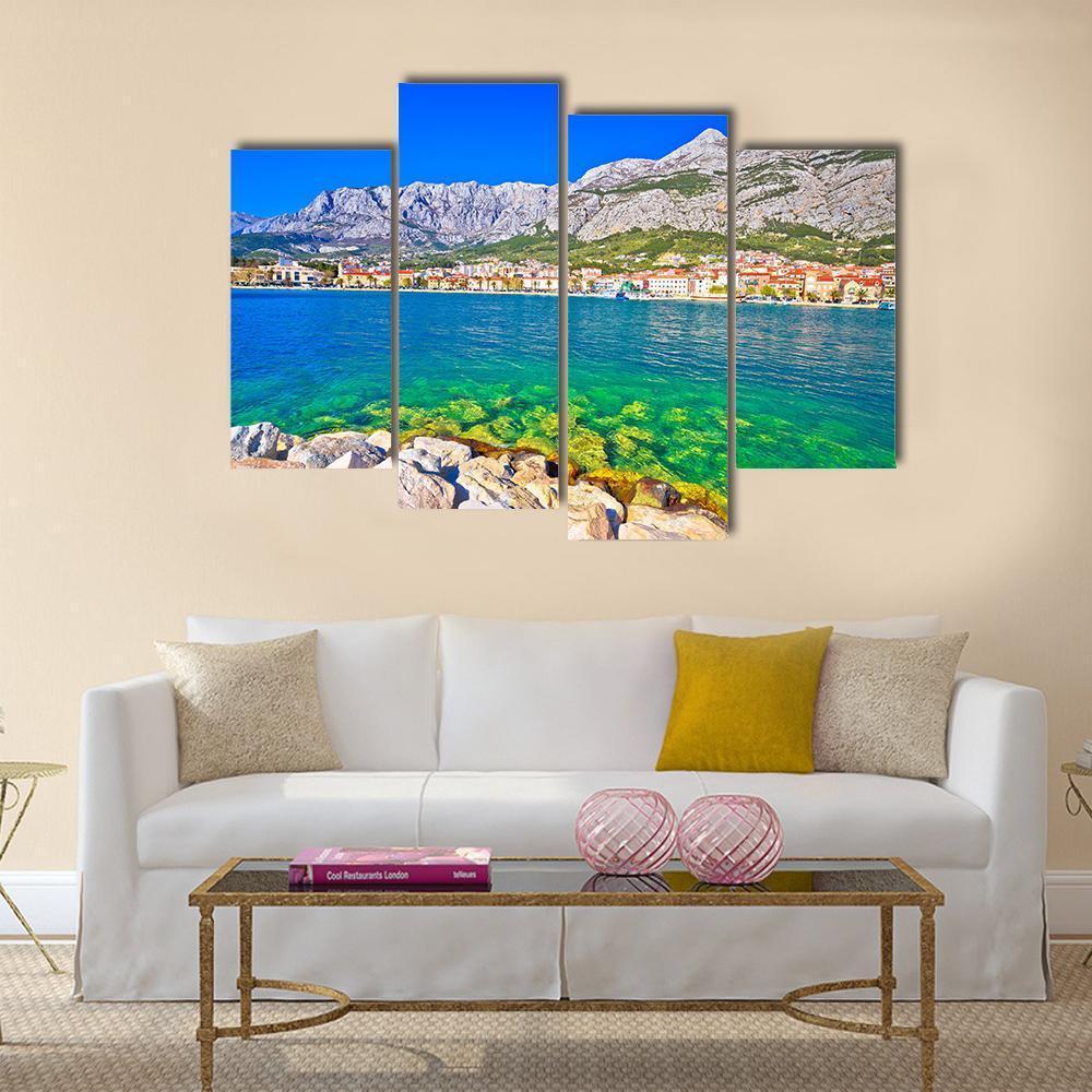 Makarska Turquoise Waterfront Canvas Wall Art-4 Pop-Gallery Wrap-50" x 32"-Tiaracle