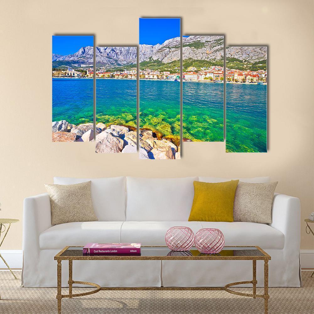 Makarska Turquoise Waterfront Canvas Wall Art-5 Pop-Gallery Wrap-47" x 32"-Tiaracle