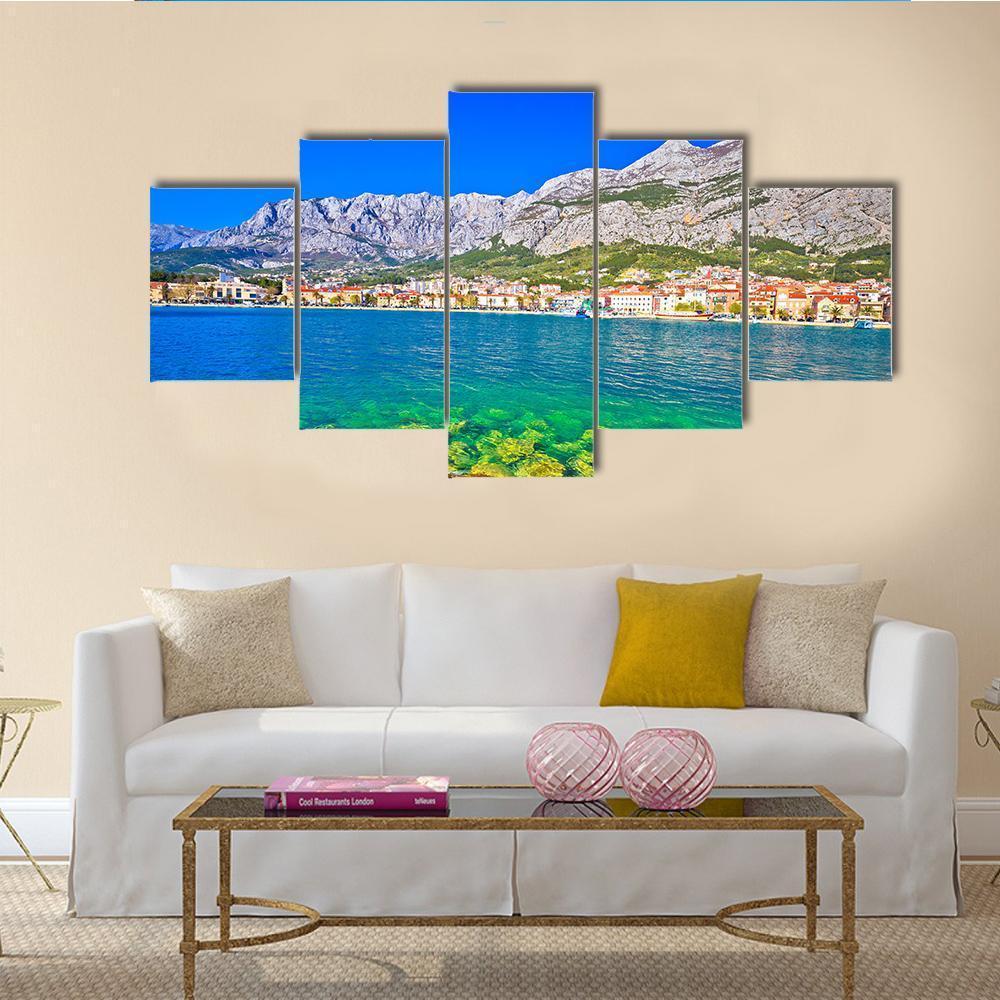 Makarska Turquoise Waterfront Canvas Wall Art-5 Star-Gallery Wrap-62" x 32"-Tiaracle