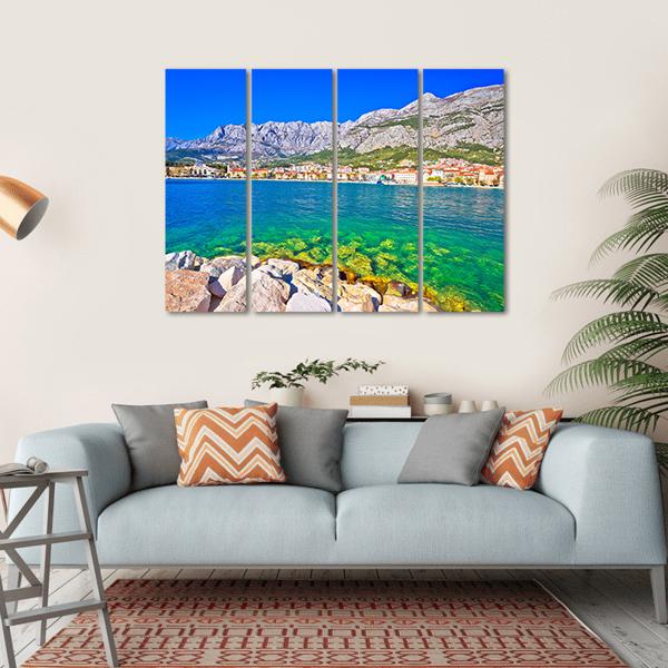 Makarska Turquoise Waterfront Canvas Wall Art-4 Horizontal-Gallery Wrap-34" x 24"-Tiaracle