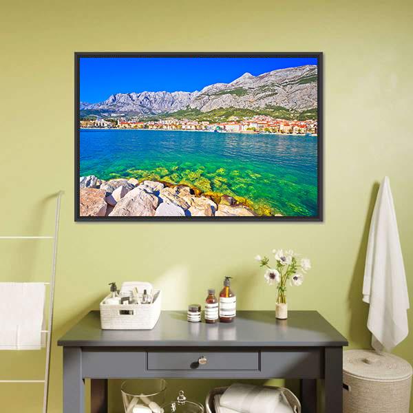 Makarska Turquoise Waterfront Seascape Canvas Wall Art in green and blue, framed canvas, product view on a white background