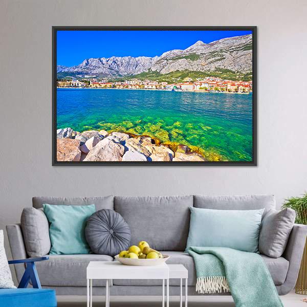 Makarska Turquoise Waterfront Canvas Wall Art-3 Horizontal-Gallery Wrap-25" x 16"-Tiaracle