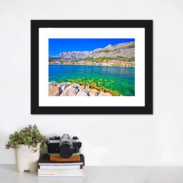 Makarska Turquoise Waterfront Canvas Wall Art-1 Piece-Framed Print-20" x 16"-Tiaracle