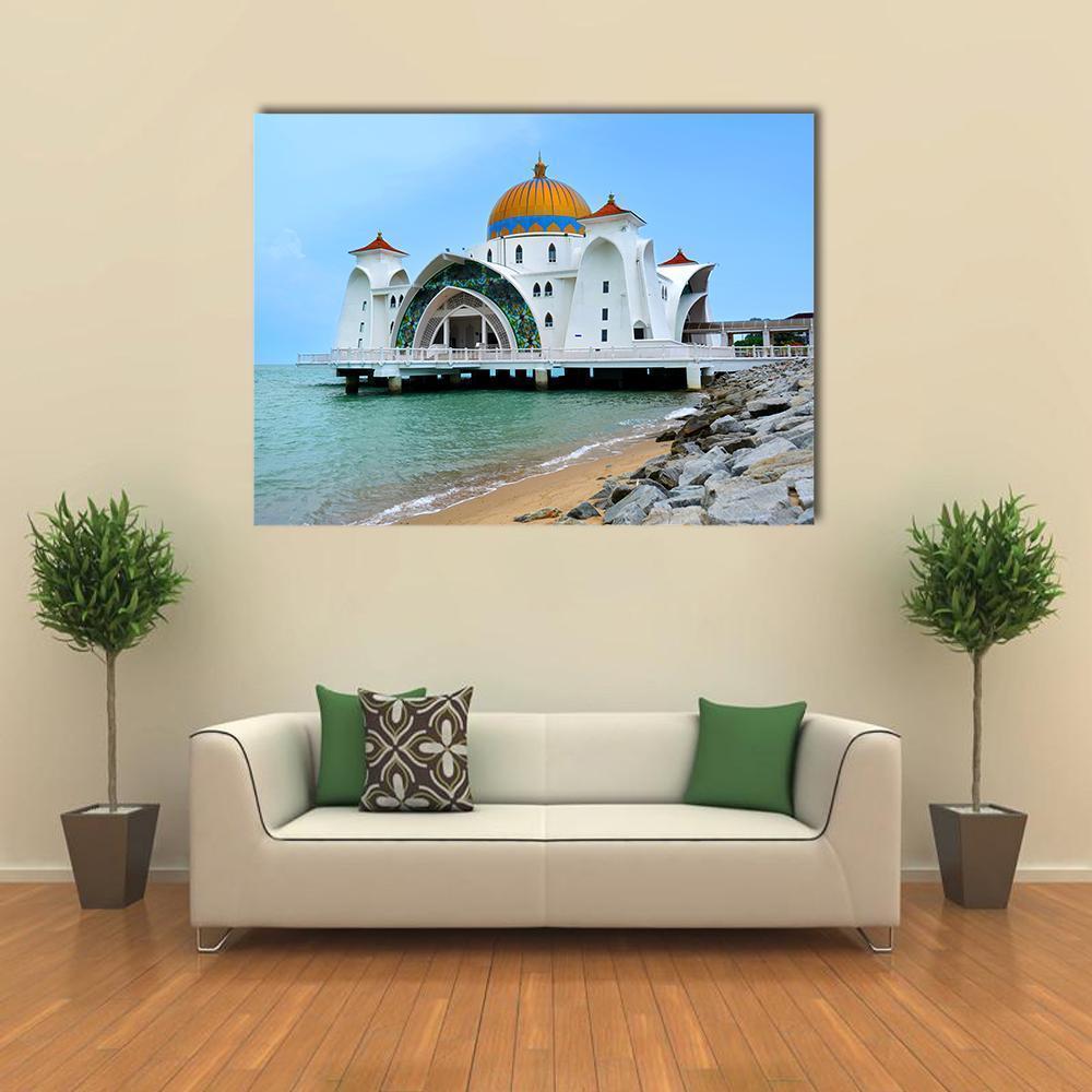 Malacca Straits Mosque by the Sea Canvas Wall Art in white and blue, single panel hung on a wall
