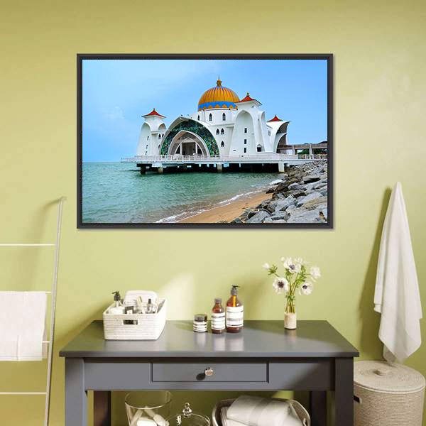 Malacca Straits Mosque In Malaysia Canvas Wall Art-1 Piece-Floating Frame-24" x 16"-Tiaracle