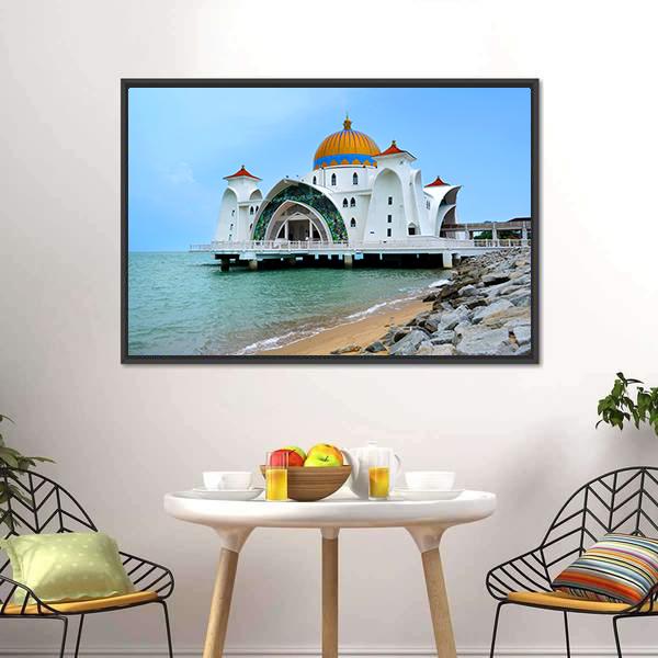 Malacca Straits Mosque In Malaysia Canvas Wall Art-3 Horizontal-Gallery Wrap-25" x 16"-Tiaracle