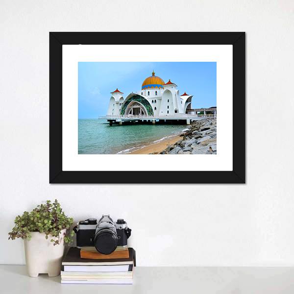 Malacca Straits Mosque In Malaysia Canvas Wall Art-1 Piece-Framed Print-20" x 16"-Tiaracle