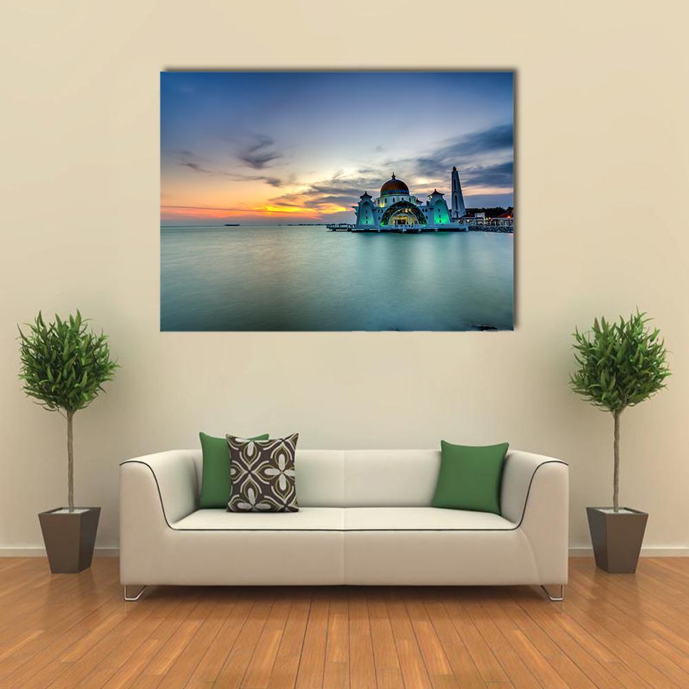 Malacca Straits Mosque at Sunset Canvas Wall Art in orange, yellow and blue, single panel hung on a wall