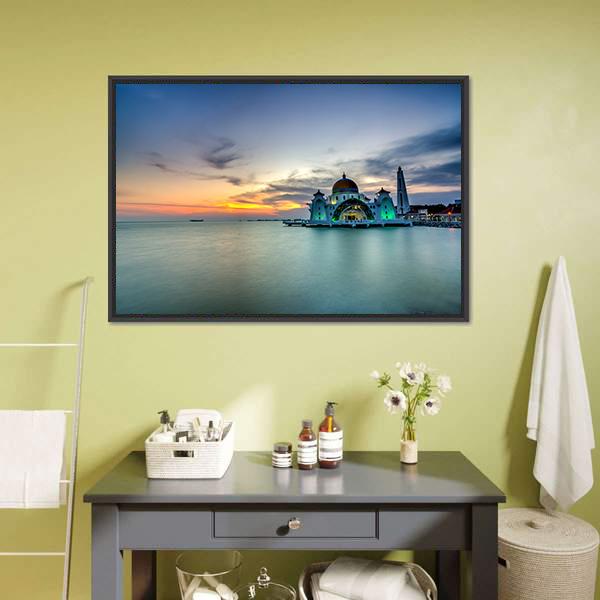 Malacca Straits Mosque Malaysia Canvas Wall Art-1 Piece-Floating Frame-24" x 16"-Tiaracle