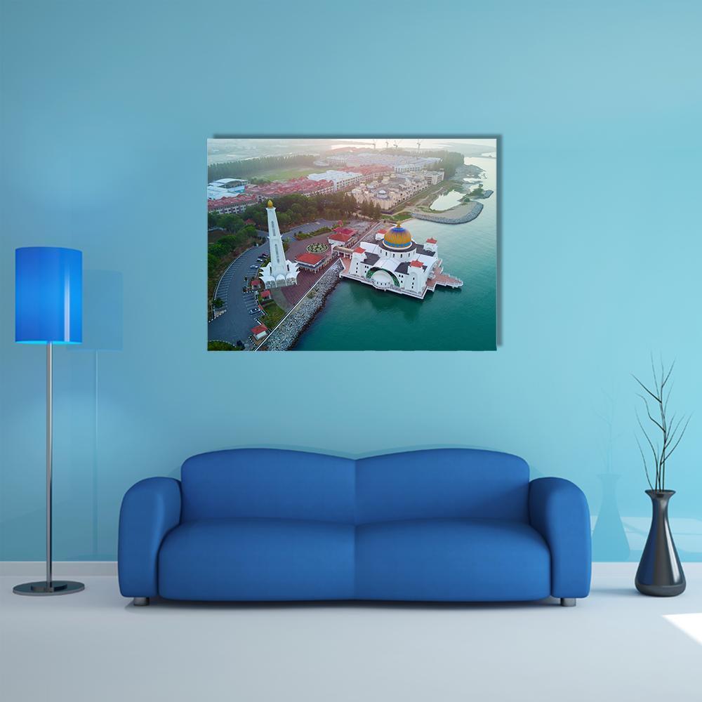 Malacca Straits Mosque Canvas Wall Art in white, green and blue, single panel hung on a wall