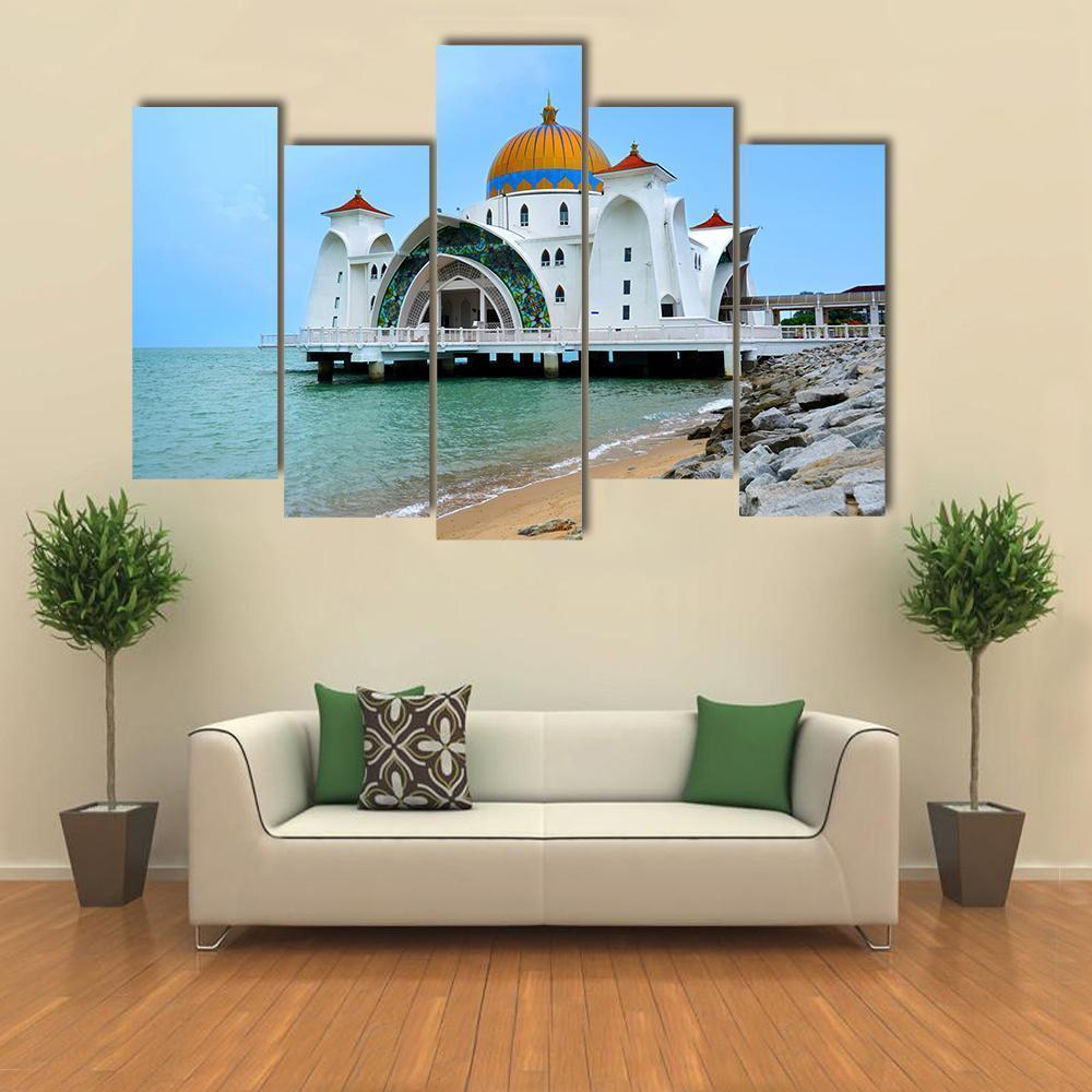 Malacca Straits Mosque In Malaysia Canvas Wall Art-5 Pop-Gallery Wrap-47" x 32"-Tiaracle