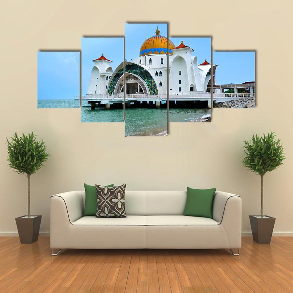 Malacca Straits Mosque In Malaysia Canvas Wall Art-5 Star-Gallery Wrap-62" x 32"-Tiaracle