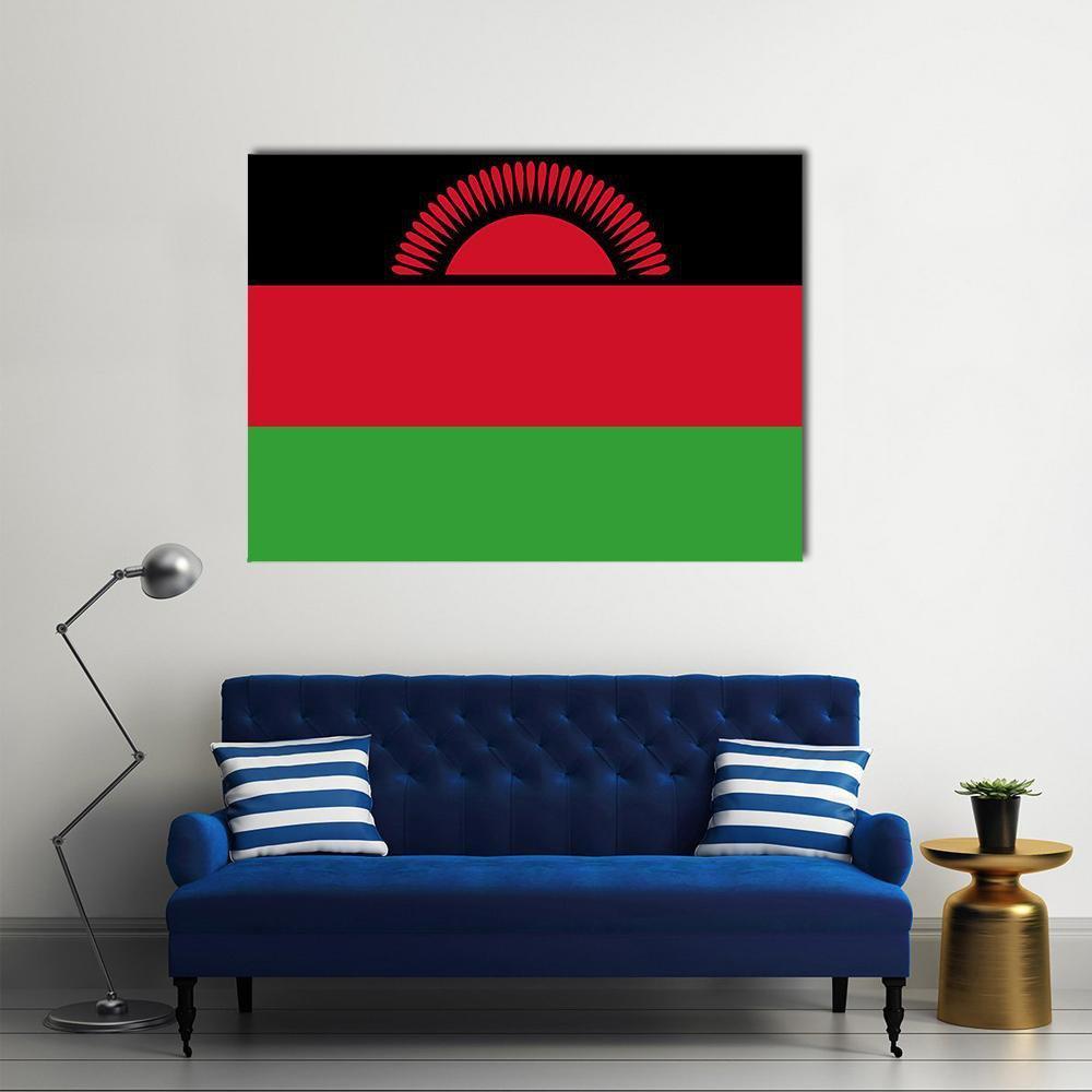 Minimalist Malawi Flag Canvas Wall Art in black, red and green, single panel hung on a wall