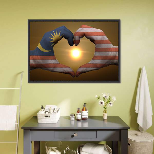 Malaysia Flag On Hands Canvas Wall Art-1 Piece-Floating Frame-24" x 16"-Tiaracle