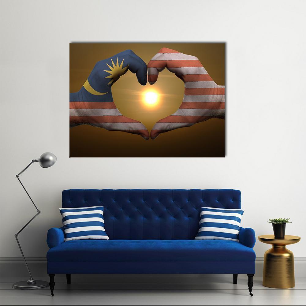Hands Forming Heart with Malaysia and Usa Flags Canvas Wall Art in brown, red and blue, single panel hung on a wall