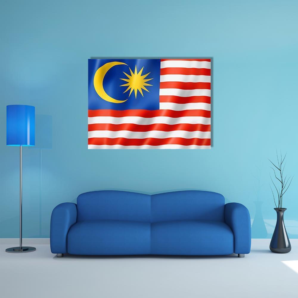 Malaysian Flag with Crescent and 14-point Star Canvas Wall Art in white, red and blue, single panel hung on a wall