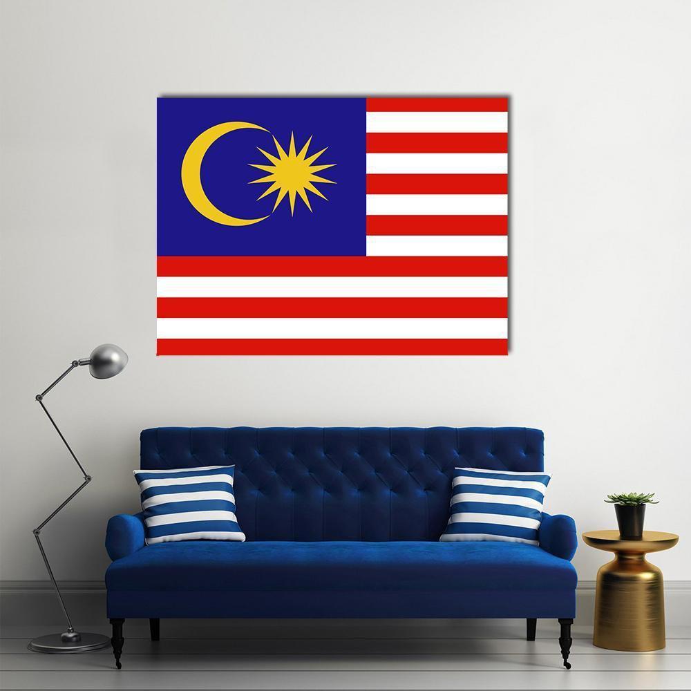 Malaysian Flag with Crescent and 14-point Star Canvas Wall Art in white, red and blue, single panel hung on a wall