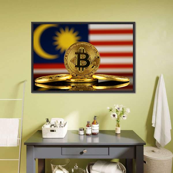 Malaysia Flag With Bitcoin Canvas Wall Art-1 Piece-Floating Frame-24" x 16"-Tiaracle