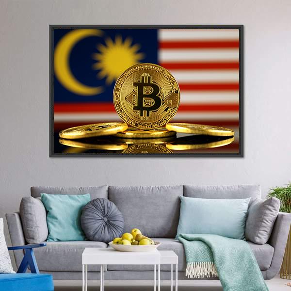 Malaysia Flag With Bitcoin Canvas Wall Art-3 Horizontal-Gallery Wrap-25" x 16"-Tiaracle