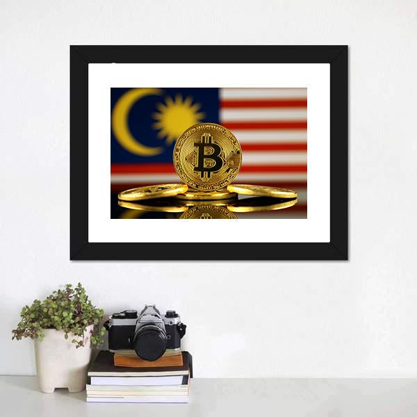 Malaysia Flag With Bitcoin Canvas Wall Art-1 Piece-Framed Print-20" x 16"-Tiaracle