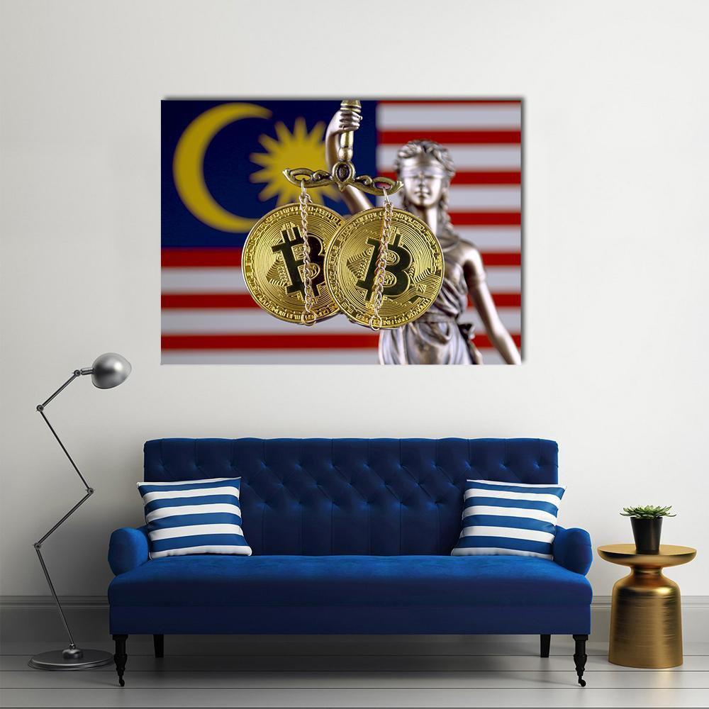 Lady Justice with Bitcoin Scales on Malaysian Flag Canvas Wall Art in gold, red and blue, single panel hung on a wall
