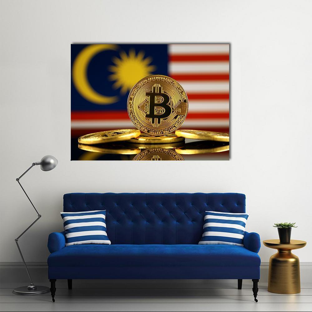 Bitcoin Coins with Malaysian Flag Canvas Wall Art in gold, red and blue, single panel hung on a wall
