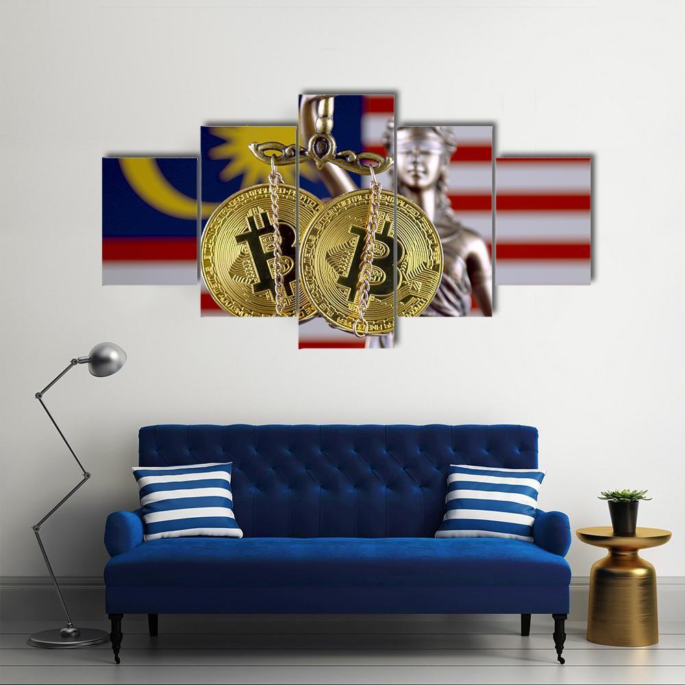 Malaysia Flag With Bitcoins Canvas Wall Art-5 Star-Gallery Wrap-62" x 32"-Tiaracle