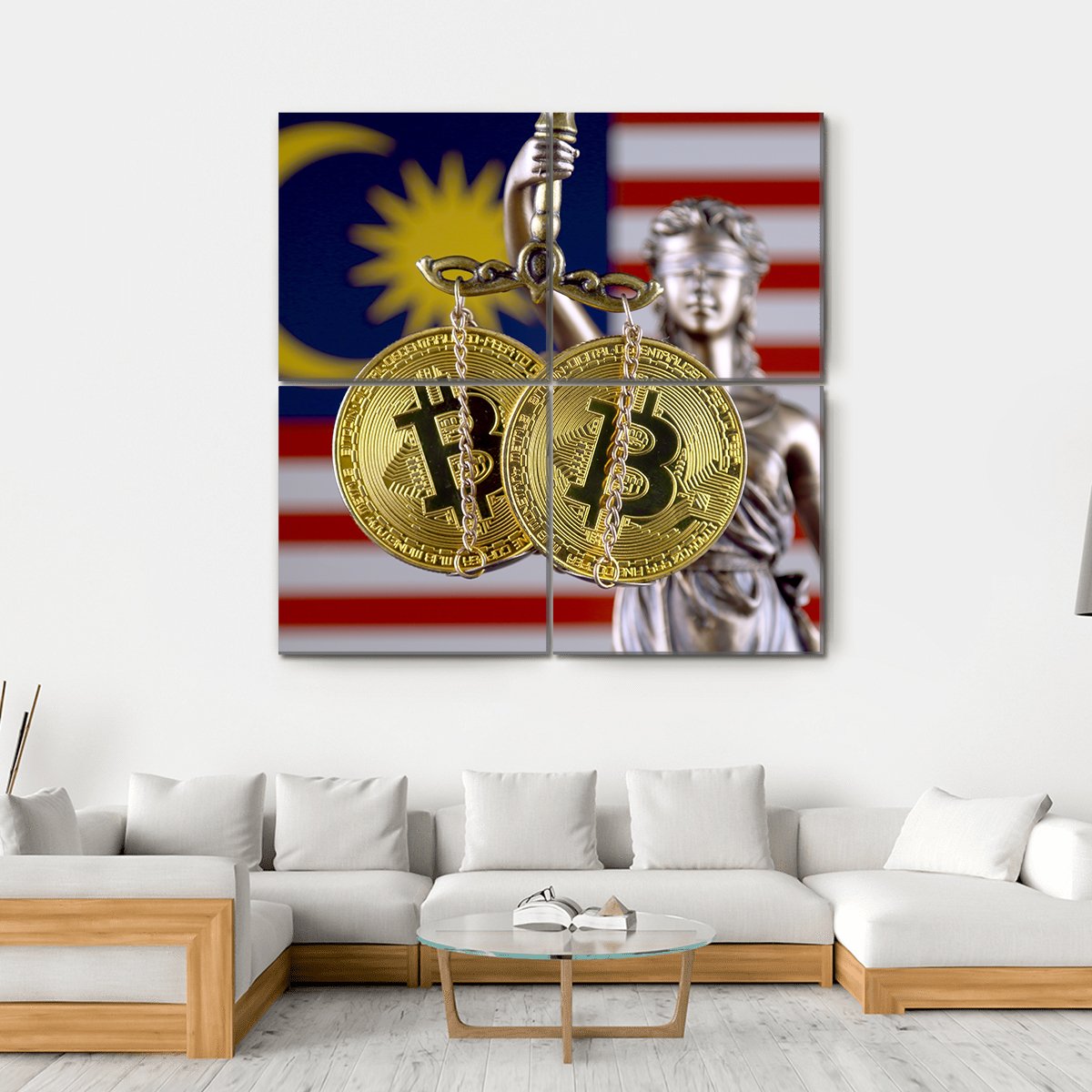 Malaysia Flag with Bitcoin Scales Canvas Wall Art in gold, red and blue, hung on a wall