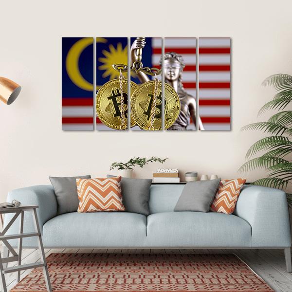 Malaysia Flag with Bitcoin Scales Canvas Wall Art in gold, red and blue, hung on a wall