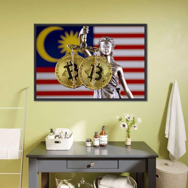 Malaysia Flag With Bitcoins Canvas Wall Art-1 Piece-Floating Frame-24" x 16"-Tiaracle