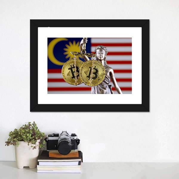 Malaysia Flag With Bitcoins Canvas Wall Art-1 Piece-Framed Print-20" x 16"-Tiaracle