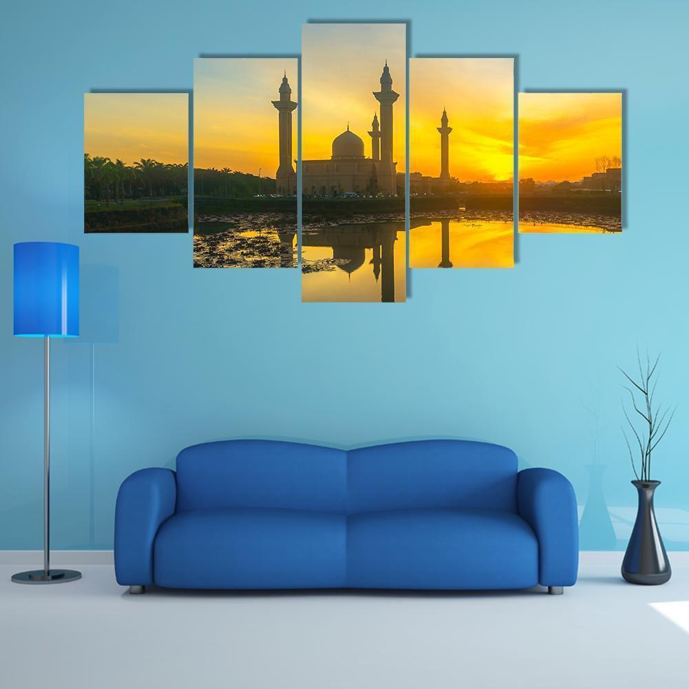 Tengku Ampuan Jemaah Mosque at Sunset Canvas Wall Art in orange, yellow and blue, 5 panel Star layout hung on a wall
