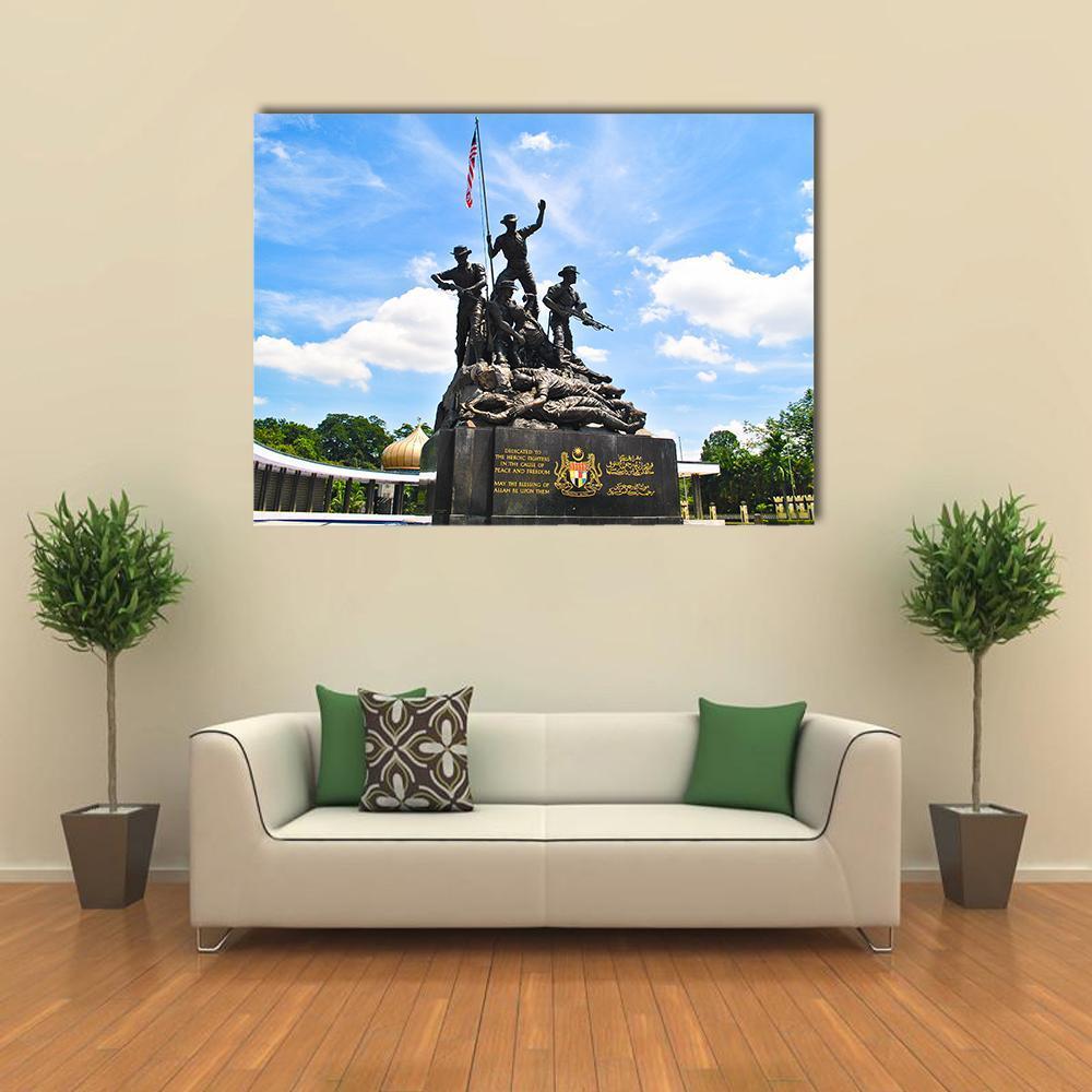 Malaysia's National Monument Canvas Wall Art in black, white and blue, single panel hung on a wall