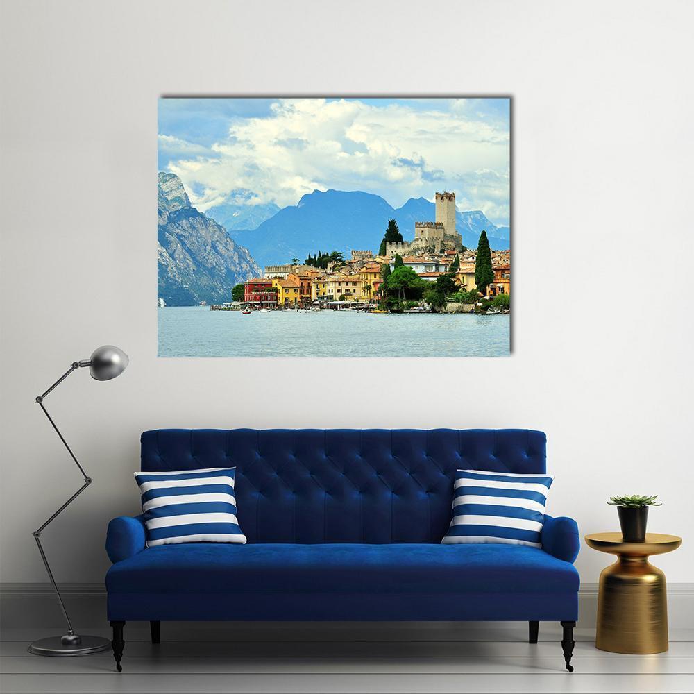 Malcesine Castle on Garda Lake Canvas Wall Art in gray, green and blue, single panel hung on a wall