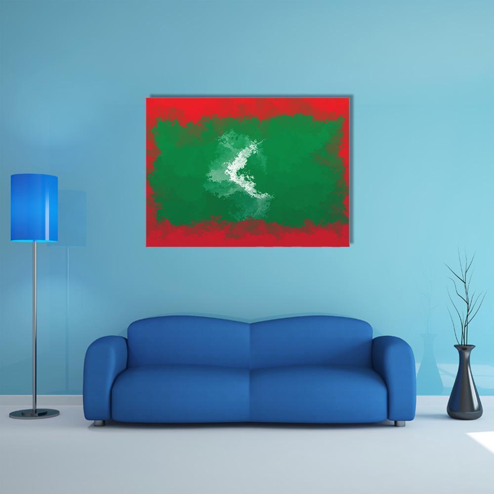 Grunge Maldives Flag Canvas Wall Art in white, red and green, single panel hung on a wall