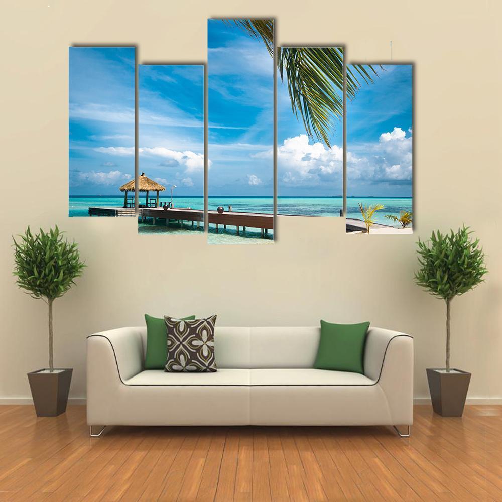 Jetty On Maldives Island Canvas Wall Art-5 Pop-Gallery Wrap-47&quot; x 32&quot;-Tiaracle