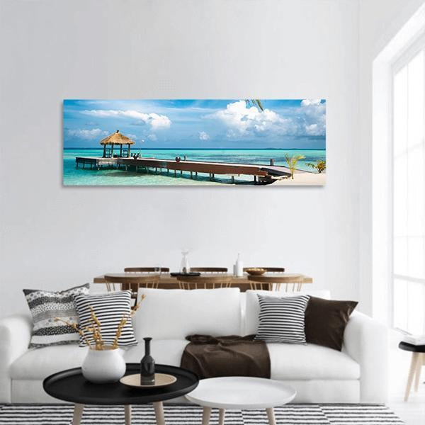Jetty On Maldives Island Panoramic Canvas Wall Art-3 Piece-25" x 08"-Tiaracle