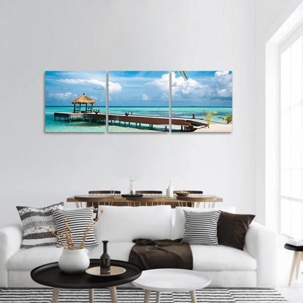 Jetty On Maldives Island Panoramic Canvas Wall Art-3 Piece-25" x 08"-Tiaracle