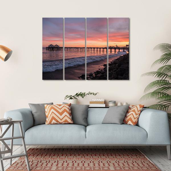 Malibu Pier Pacific At Sunset Canvas Wall Art-4 Horizontal-Gallery Wrap-34" x 24"-Tiaracle
