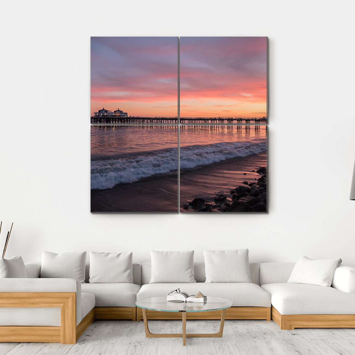 Malibu Pier Pacific At Sunset Canvas Wall Art-4 Square-Gallery Wrap-17" x 17"-Tiaracle