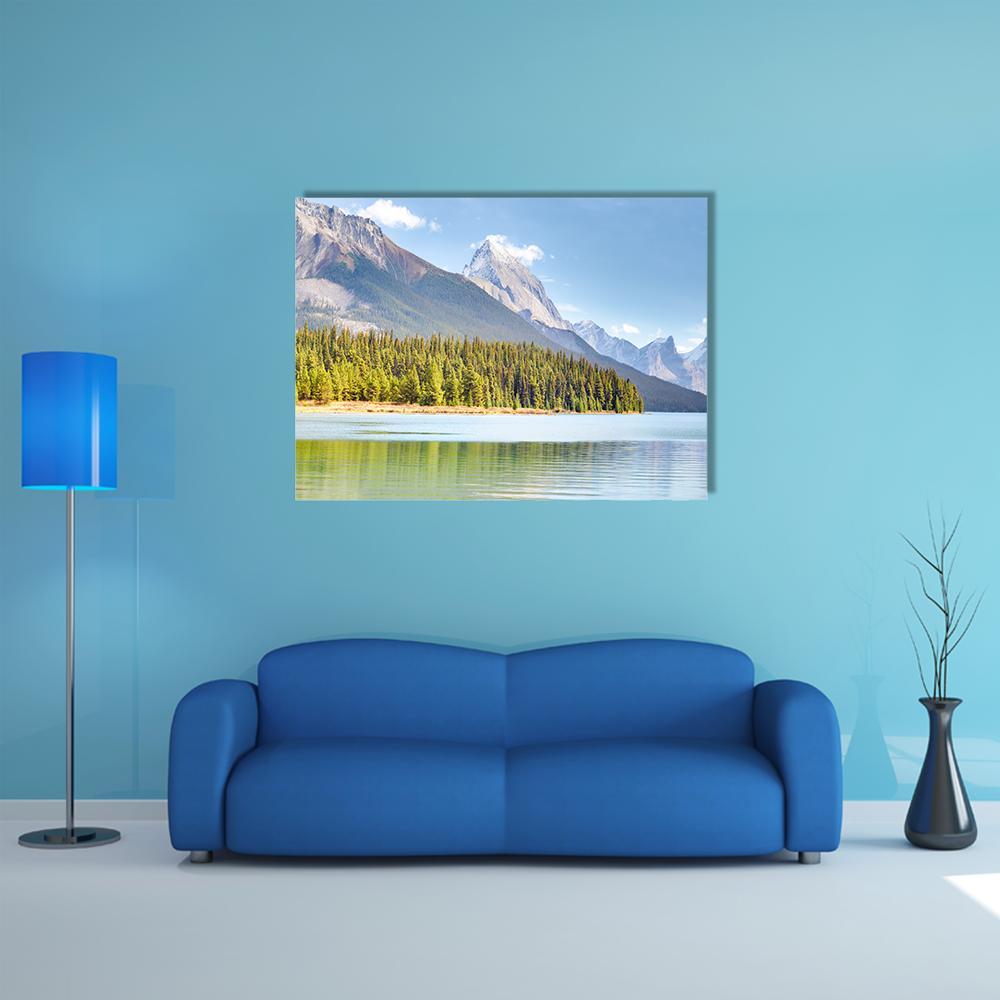 Maligne Lake, Canada Canvas Wall Art in gray, green and blue, single panel hung on a wall