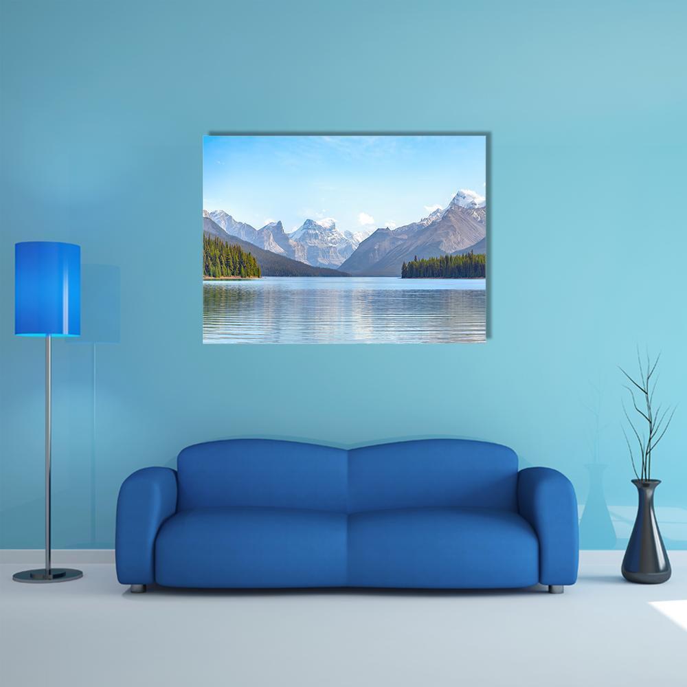 Maligne Lake, Canada Canvas Wall Art in white, gray and blue, single panel hung on a wall