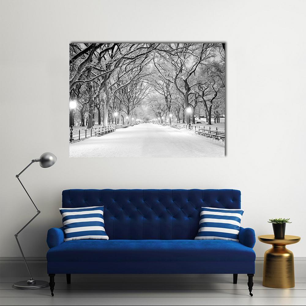 Winter Park Path with Snowy Trees Canvas Wall Art in black, white and gray, single panel hung on a wall