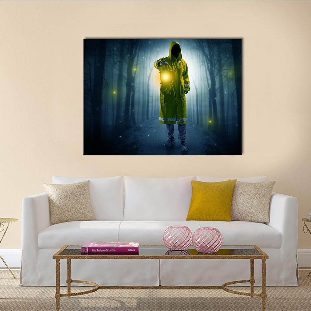 Hooded Figure in Foggy Forest Canvas Wall Art in black, yellow and blue, single panel hung on a wall