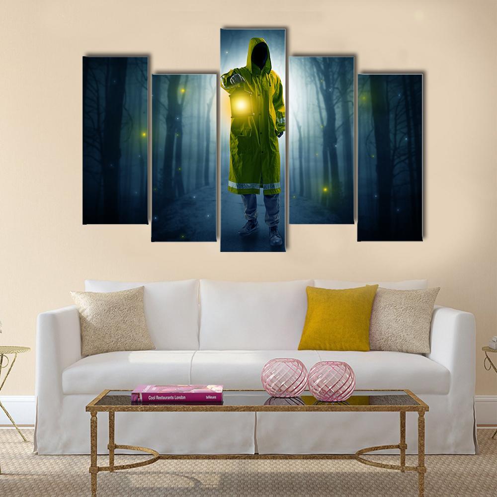 Man In Dark Forest Canvas Wall Art-5 Pop-Gallery Wrap-47" x 32"-Tiaracle