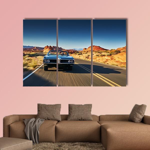 Vintage Car Through Desert Canvas Wall Art-3 Horizontal-Gallery Wrap-37" x 24"-Tiaracle