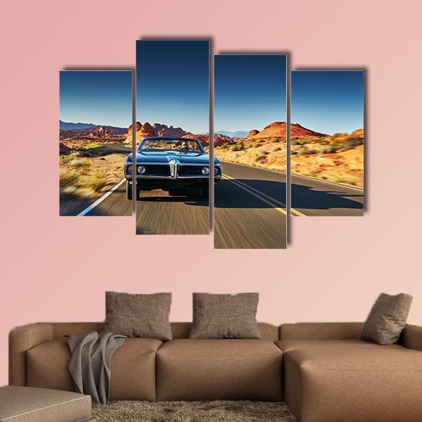 Vintage Car Through Desert Canvas Wall Art-4 Pop-Gallery Wrap-50" x 32"-Tiaracle