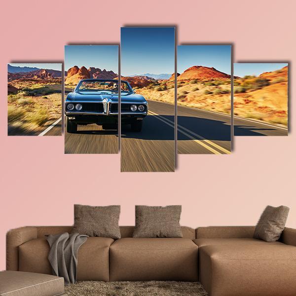 Vintage Car Through Desert Canvas Wall Art-5 Star-Gallery Wrap-62" x 32"-Tiaracle