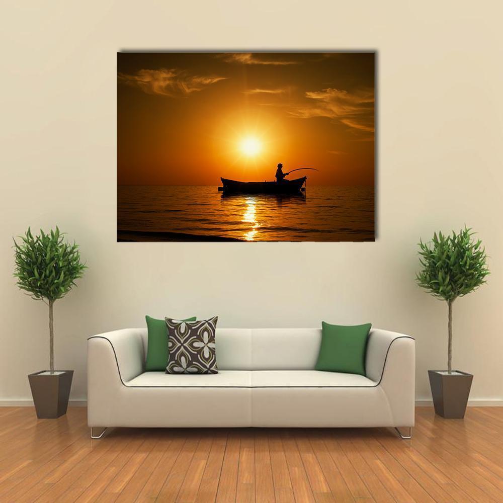 Man Fishing Under Sunset Canvas Wall Art-5 Star-Gallery Wrap-62" x 32"-Tiaracle