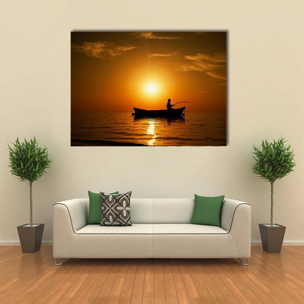 Man Fishing Under Sunset Canvas Wall Art-1 Piece-Gallery Wrap-36" x 24"-Tiaracle